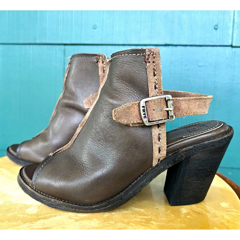 Frye Izzy Brown Leather Suede Slingback Open Toe Ankle Strap Block Heel 5.5B